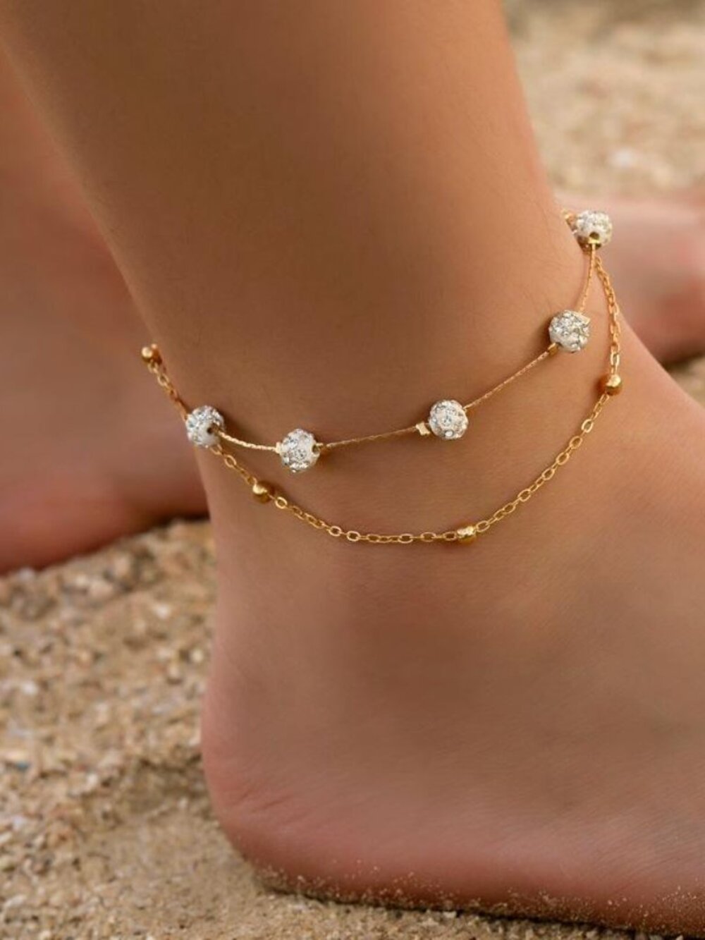 3/$35 Gold Tone Copper Layered Crystal Rhinestone Shamballa Bead Anklet
